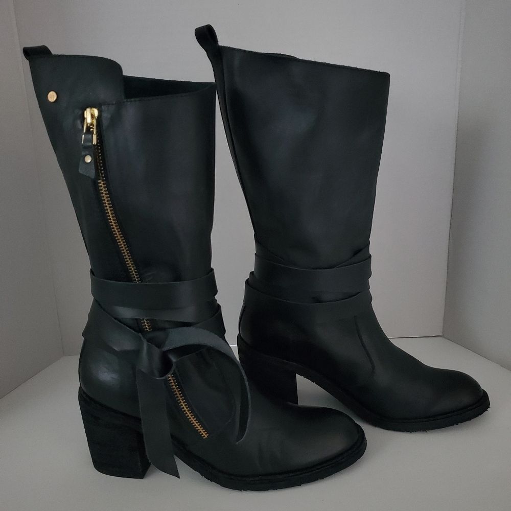 Velez Colombia Women's Black Mid Calf Block Heel Leather Boots Size 39/US 9.5